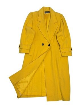 MS FREDDI Vintage Pea Coat Yellow WOOL Blend Retro Long Winter Jacket Womens XL